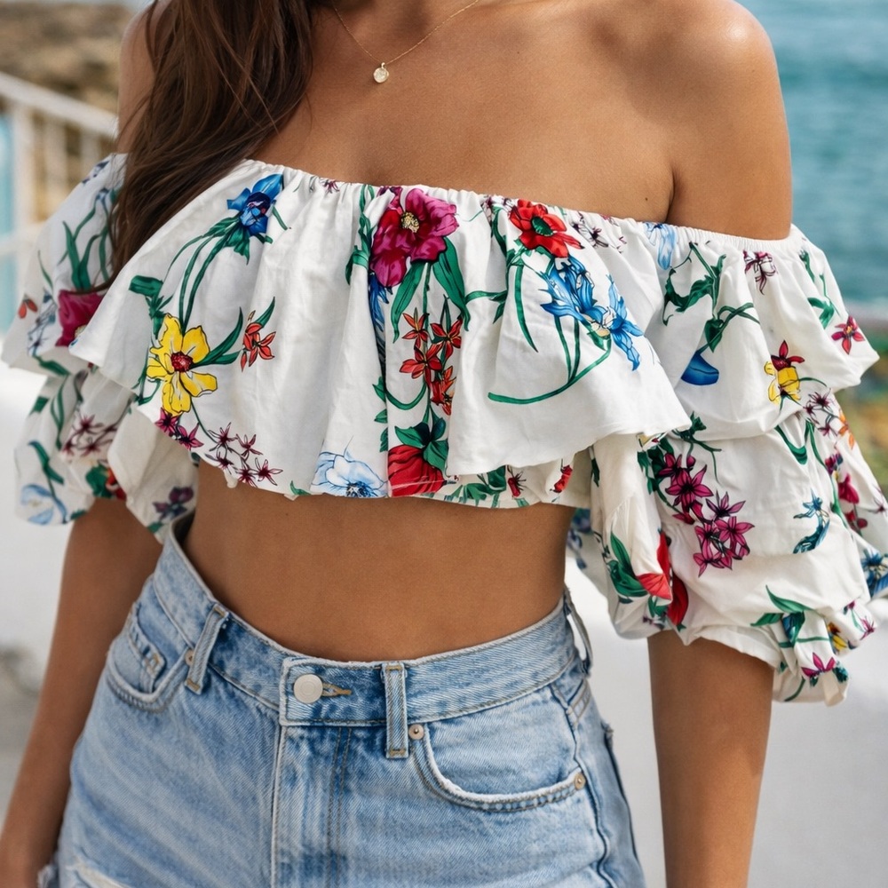 Off-Shoulder Floral Ruffle Crop Top in White with Multicolor Print